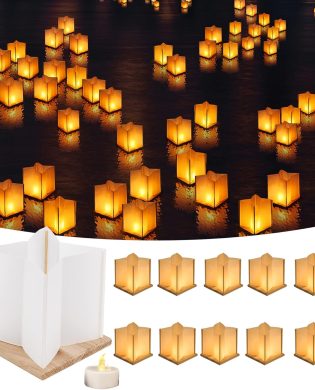 10Pack 6”Paper Floating Candle Lantern ,Wooden Water Lanterns with Candles ,Outdoor Patio Decor for Pool Parties,Wedding,Memorials,Garden (10Lanterns with LED Candles)