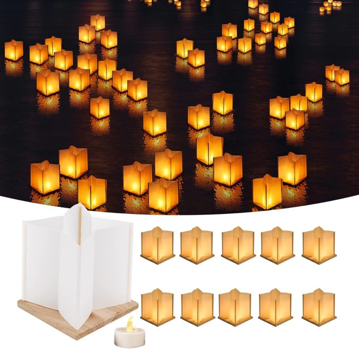 10Pack 6”Paper Floating Candle Lantern ,Wooden Water Lanterns with Candles ,Outdoor Patio Decor for Pool Parties,Wedding,Memorials,Garden (10Lanterns with LED Candles)