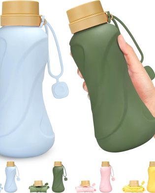 Collapsible Water Bottles, 2 pack 22oz Silicone Foldable Water Bottles Leakproof BPA Free ,650ml Travel Water Bottles for Sport Gym Travel School Camping Hiking Running (Light Blue & Army Green)