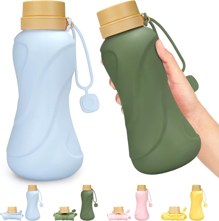 Collapsible Water Bottles, 2 pack 22oz Silicone Foldable Water Bottles Leakproof BPA Free ,650ml Travel Water Bottles for Sport Gym Travel School Camping Hiking Running (Light Blue & Army Green)