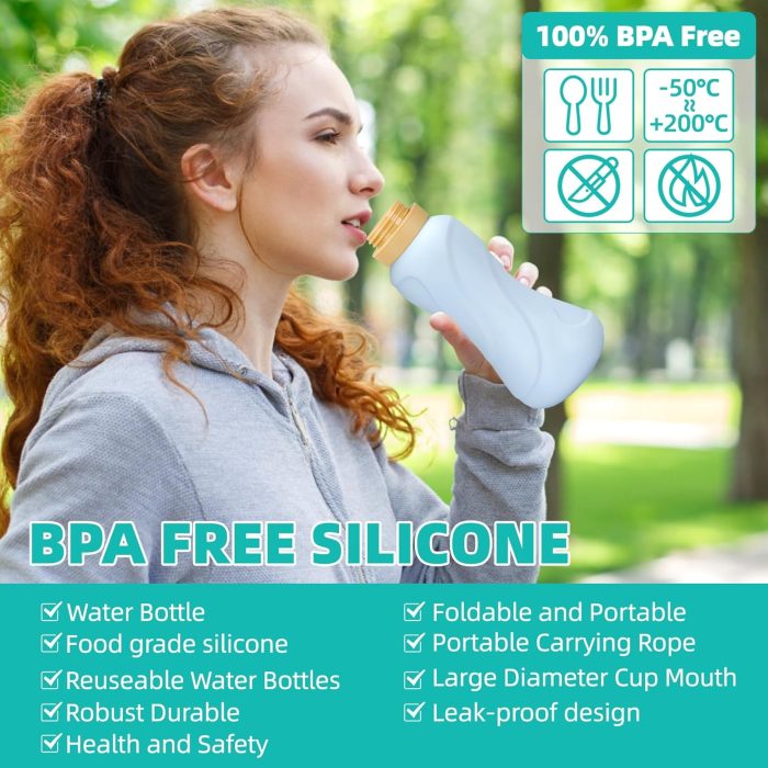 Collapsible Water Bottles, 2 pack 22oz Silicone Foldable Water Bottles Leakproof BPA Free ,650ml Travel Water Bottles for Sport Gym Travel School Camping Hiking Running (Light Blue & Army Green) - Image 2