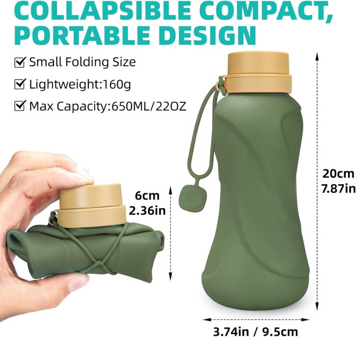 Collapsible Water Bottles, 2 pack 22oz Silicone Foldable Water Bottles Leakproof BPA Free ,650ml Travel Water Bottles for Sport Gym Travel School Camping Hiking Running (Light Blue & Army Green) - Image 3