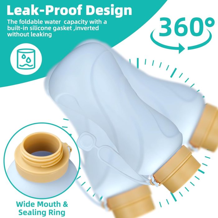 Collapsible Water Bottles, 2 pack 22oz Silicone Foldable Water Bottles Leakproof BPA Free ,650ml Travel Water Bottles for Sport Gym Travel School Camping Hiking Running (Light Blue & Army Green) - Image 4