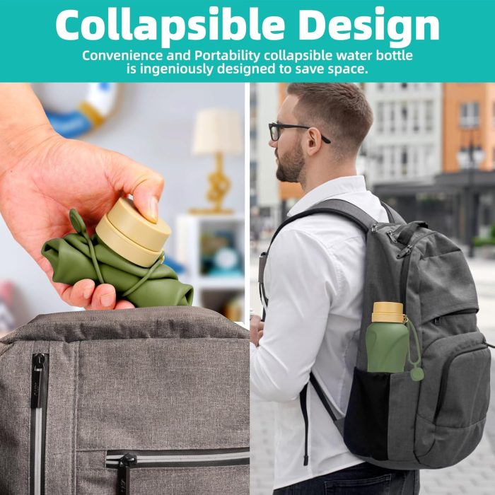 Collapsible Water Bottles, 2 pack 22oz Silicone Foldable Water Bottles Leakproof BPA Free ,650ml Travel Water Bottles for Sport Gym Travel School Camping Hiking Running (Light Blue & Army Green) - Image 5