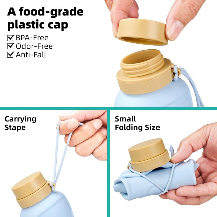 Collapsible Water Bottles, 2 pack 22oz Silicone Foldable Water Bottles Leakproof BPA Free ,650ml Travel Water Bottles for Sport Gym Travel School Camping Hiking Running (Light Blue & Army Green) - Image 6
